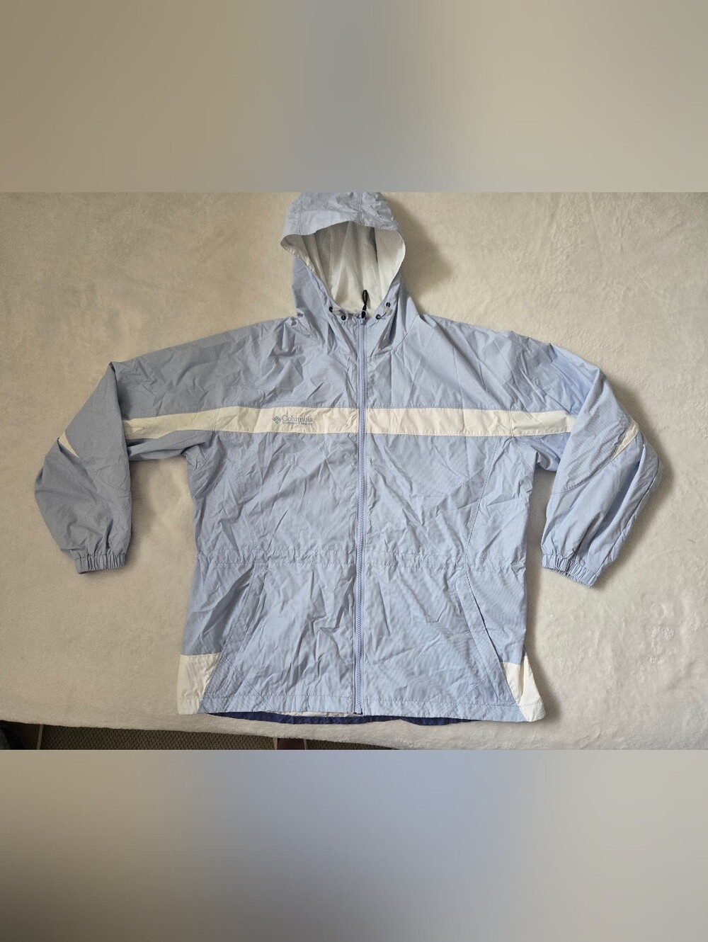 Columbia Light Blue Hooded Windbreaker Jacket with White Trim